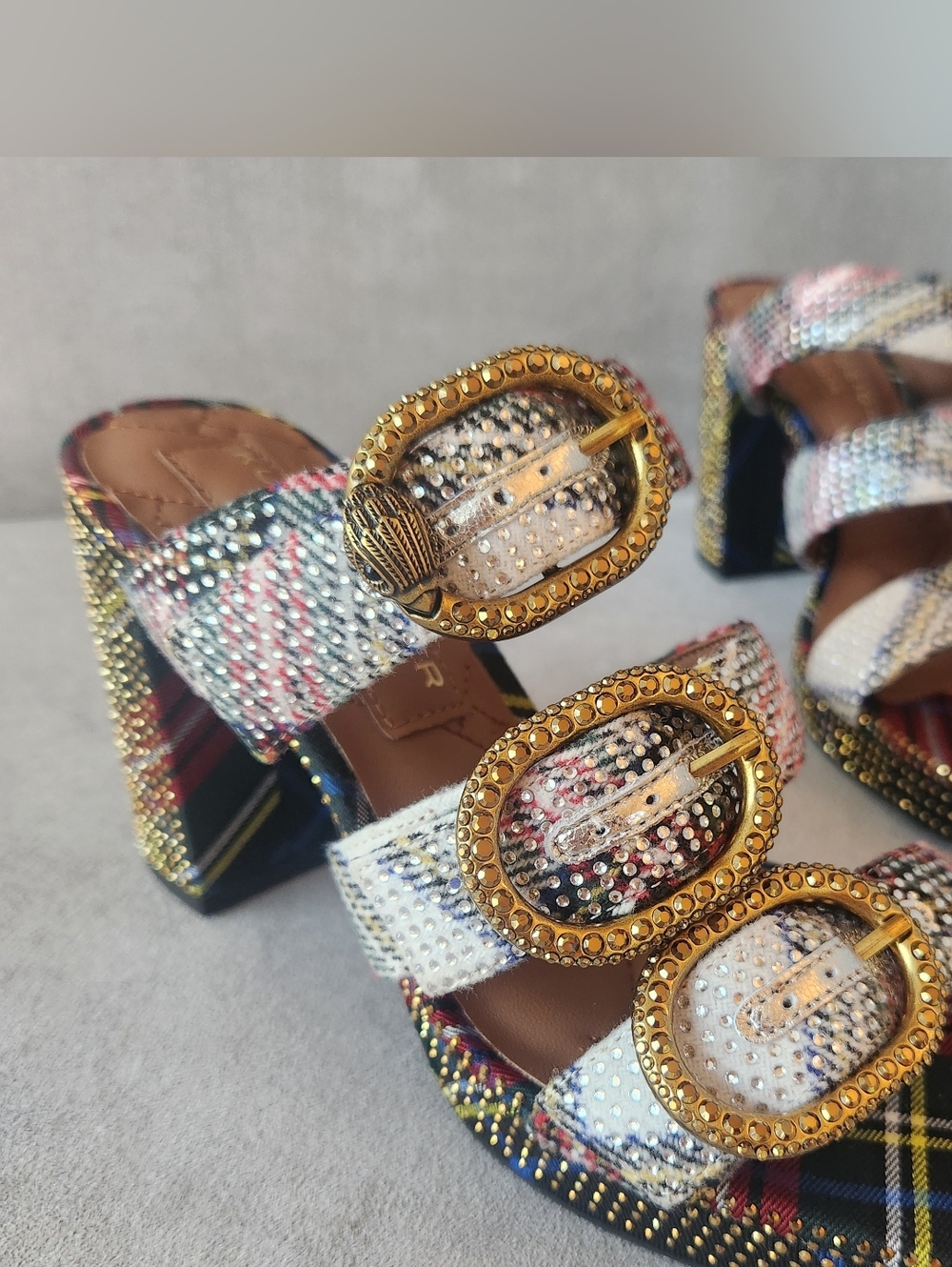 Kurt Geiger Heeled Mules 10 Plaid Mayfair Buckle Chunky Platform Sandal New $245 - Picture 4 of 16